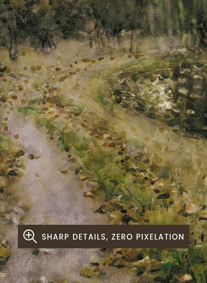 Shop Riverside, Autumn by Margaret Stoddart, a vintage landscape wall art print poster depicting a leafy river path in Christchurch in rich green tones.