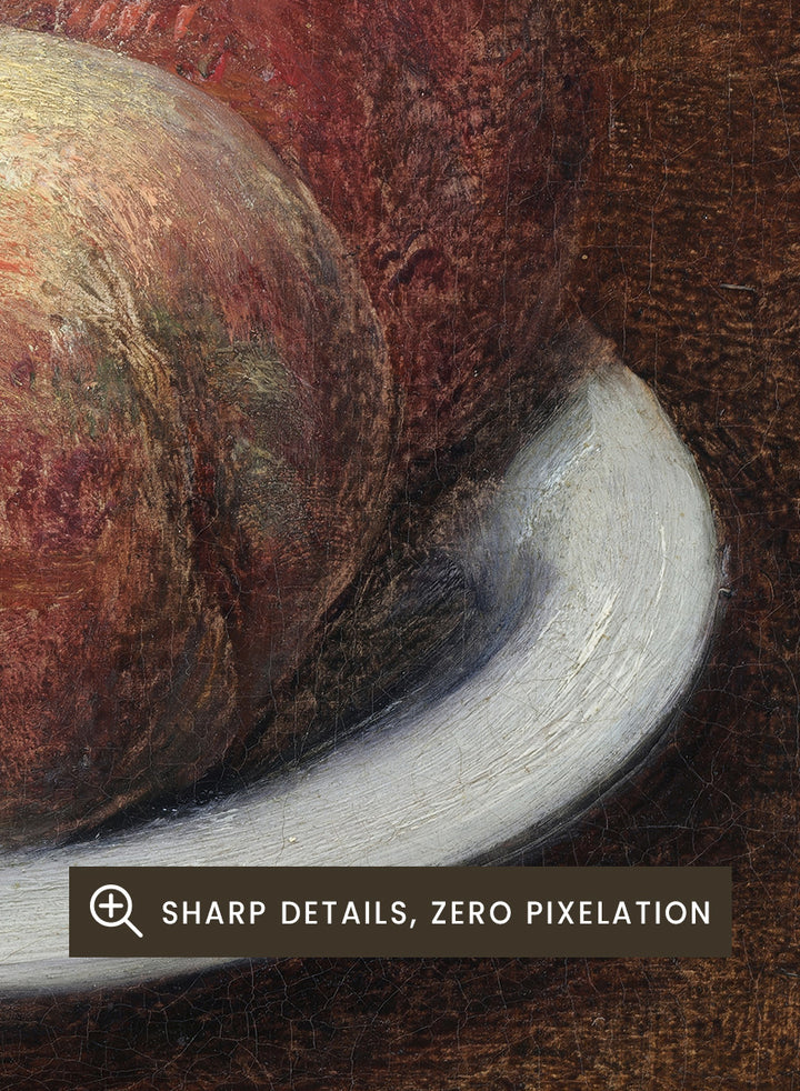Shop Three Peaches on a Plate by Henri Fantin-Latour, a vintage still life wall art print poster featuring ripe peaches on a white plate in warm brown tones.