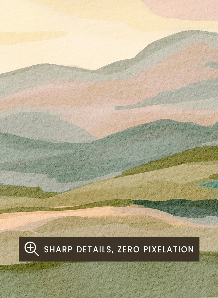 Shop Muted Mountain Landscape by Nikita Jariwala, a modern mountain wall art print with abstract hills, soft sage, dusty pink, gray, and cream tones.