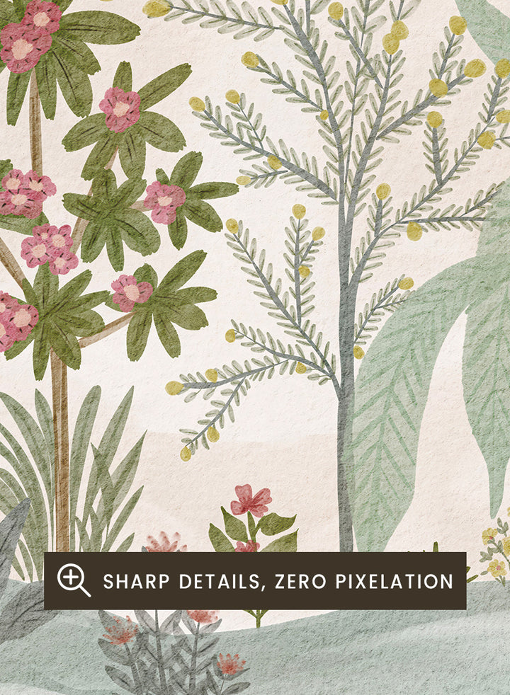 A framed botanical art print featuring a collection of tropical and jungle plants in muted green, gray, and soft pink tones on a cream background. Shop Lush Tropical Jungle by Nikita Jariwala, a tropical botanical wall art print poster with jungle plants, palm leaves, layered foliage, and green tones.