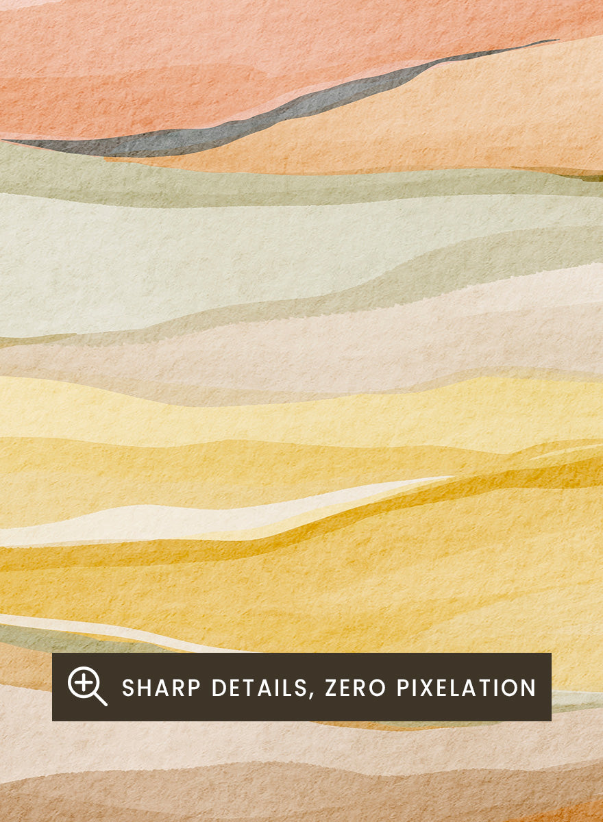 Framed abstract landscape wall art featuring layered wavy hills in soft peach, yellow, beige, and muted green tones. Shop Warm Horizon Layers by Nikita Jariwala, an abstract landscape wall art print poster with layered hills and mountains, soft yellow fields, and warm peach tones.