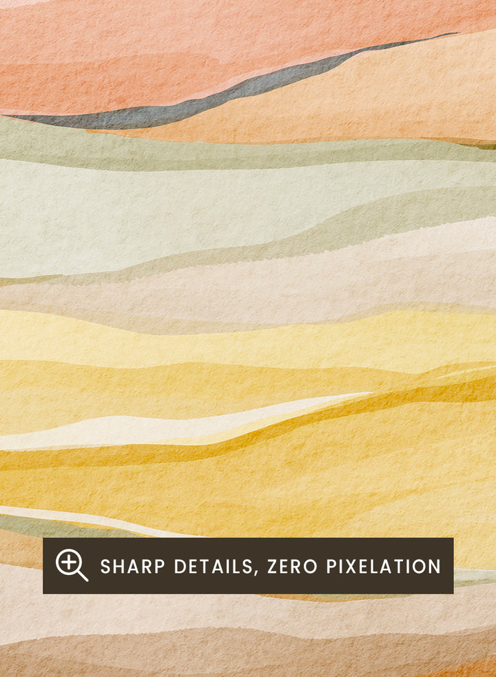 Framed abstract landscape wall art featuring layered wavy hills in soft peach, yellow, beige, and muted green tones. Shop Warm Horizon Layers by Nikita Jariwala, an abstract landscape wall art print poster with layered hills and mountains, soft yellow fields, and warm peach tones.