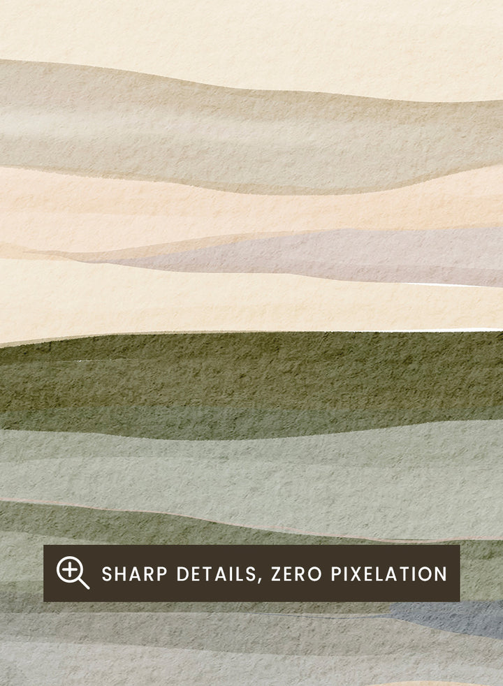 Framed abstract landscape wall art featuring layered hills and mountains in soft beige, cream, sage green, and muted blue tones. Shop Serene Rolling Hills by Nikita Jariwala, an abstract landscape wall art print poster featuring layered hills, distant mountains, and soft green tones.