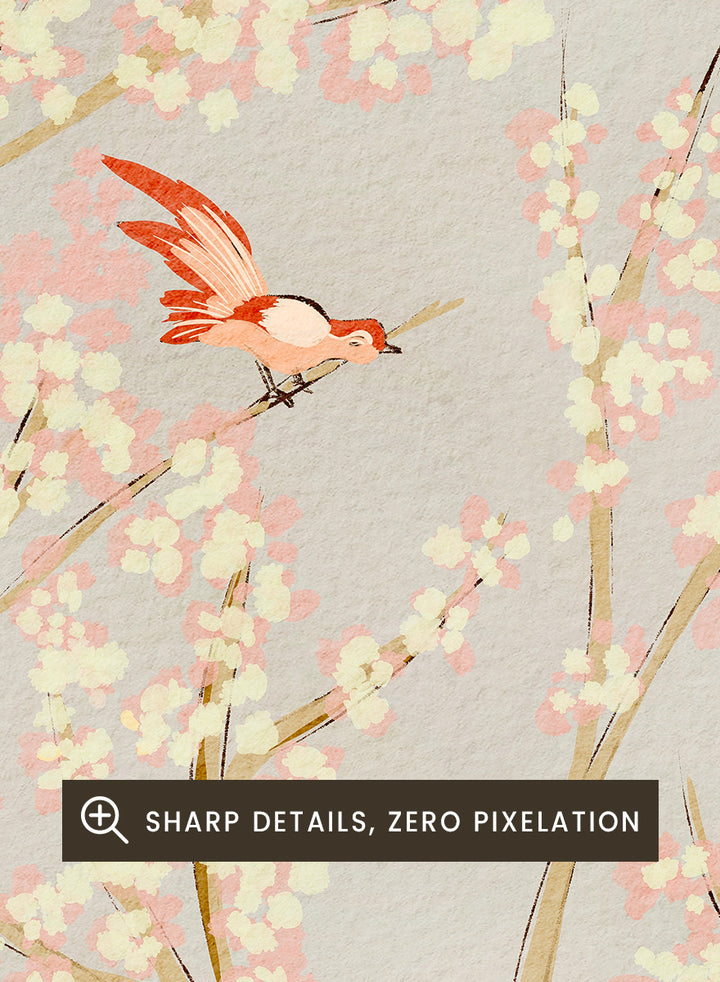 Shop Pink Birds Spring Blossoms by Nikita Jariwala, a delicate bird and floral wall art print with pink blossoms, coral birds, and a soft gray beige botanical backdrop.
