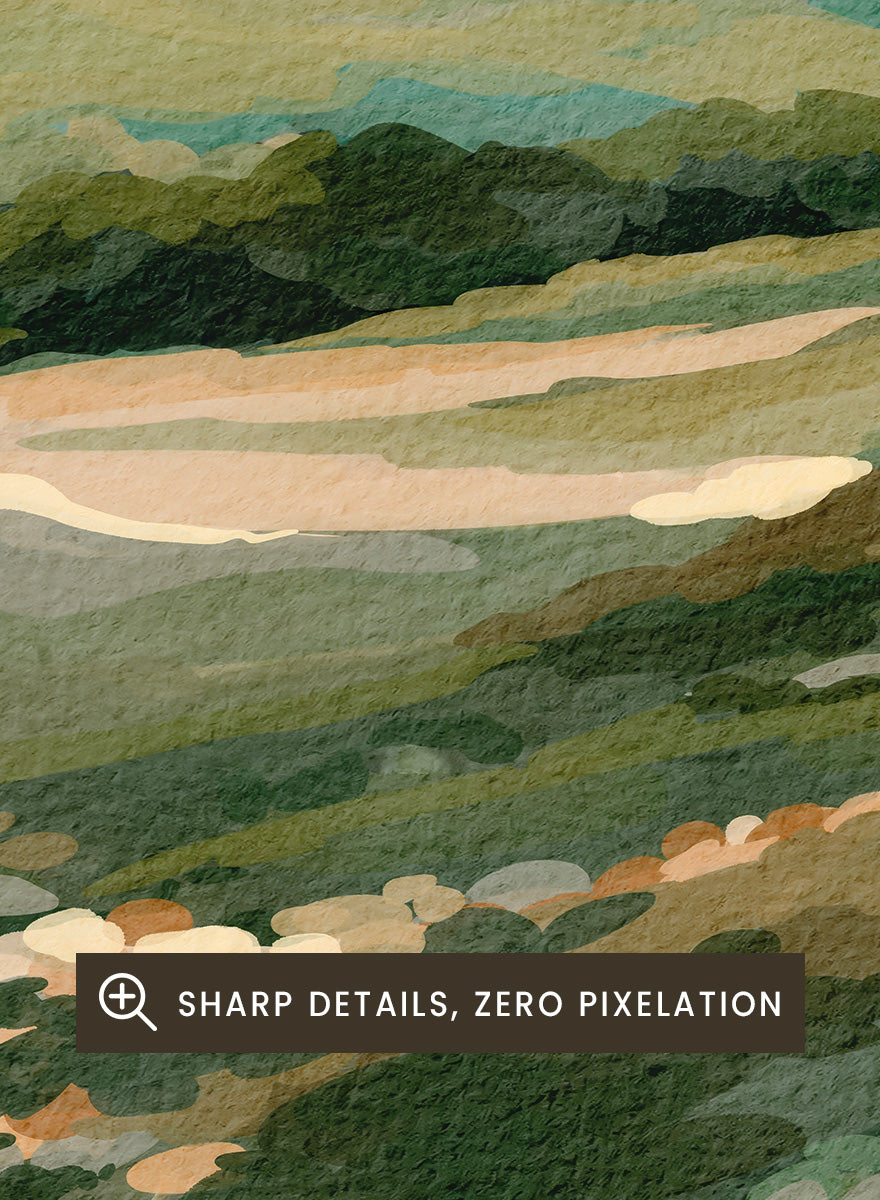 Shop Wildflower Mountain Landscape by Nikita Jariwala, a mountain wall art print with rolling green hills, cream wildflowers, and soft sage and blue-gray tones.