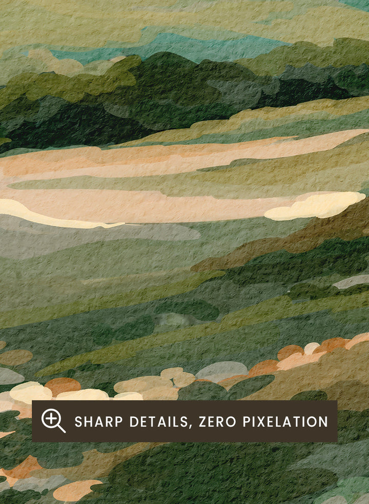 Shop Wildflower Mountain Landscape by Nikita Jariwala, a mountain wall art print with rolling green hills, cream wildflowers, and soft sage and blue-gray tones.