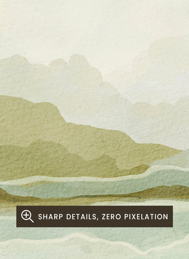 Shop Watercolor Mountain Valley Landscape by Nikita Jariwala, a mountain wall art print poster with soft green hills, blue water, and a muted watercolor palette.