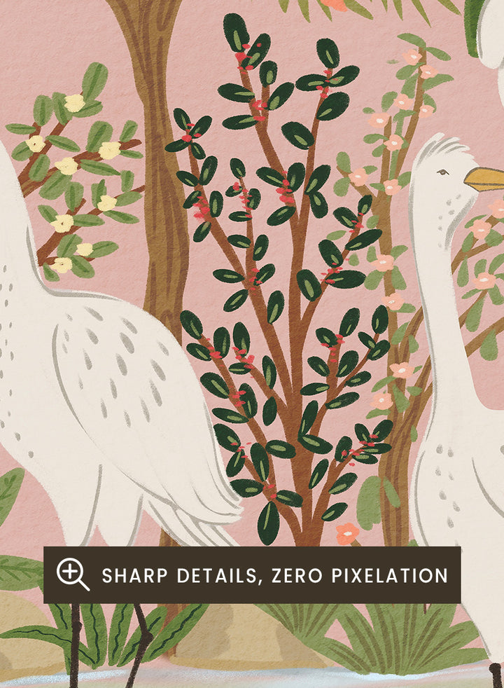 A framed art print featuring a stylized illustration of four white cranes in a tropical landscape with palm trees, green foliage, and a pink sky, displayed on a light beige wall. Shop Peaceful Jungle Egrets by Nikita Jariwala, a tropical bird wall art print featuring white egrets, lush greenery, botanical detail, and soft pink tones.a