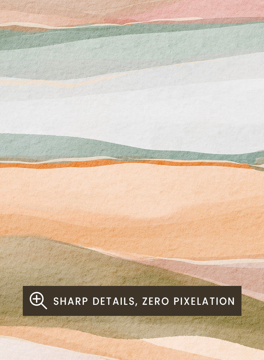 Framed abstract landscape art print featuring soft watercolor hills and layered fields in pastel peach, pink, sage green, cream, and light blue. Shop Calm Watercolor Landscape by Nikita Jariwala, an abstract landscape wall art print poster with rolling hills, mountain scenery, watercolor layers, and soft green tones.