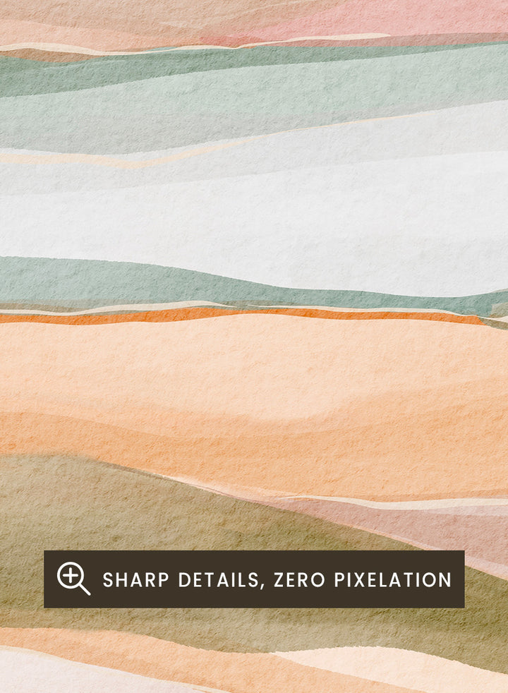 Framed abstract landscape art print featuring soft watercolor hills and layered fields in pastel peach, pink, sage green, cream, and light blue. Shop Calm Watercolor Landscape by Nikita Jariwala, an abstract landscape wall art print poster with rolling hills, mountain scenery, watercolor layers, and soft green tones.