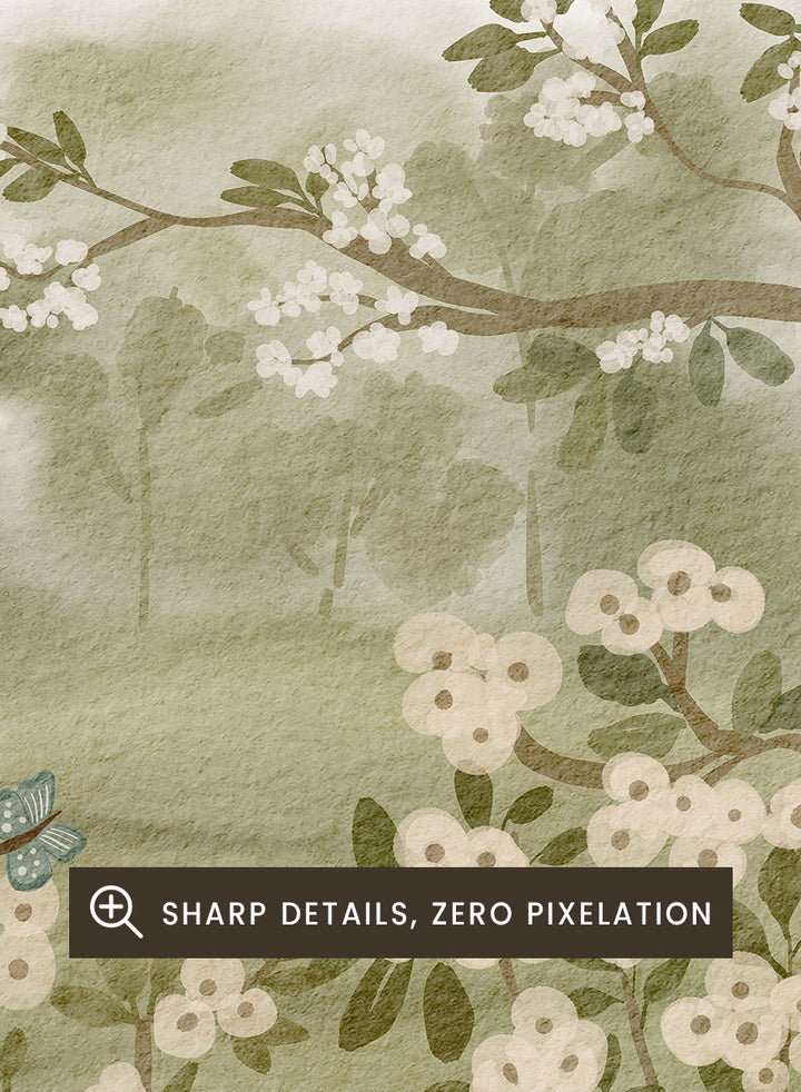 Framed botanical art print featuring white blossoms, green leaves, and soft misty trees in a landscape scene. Shop Serene Spring Garden by Nikita Jariwala, a garden wall art print poster with white flowers, flowering trees, butterflies, and green tones.