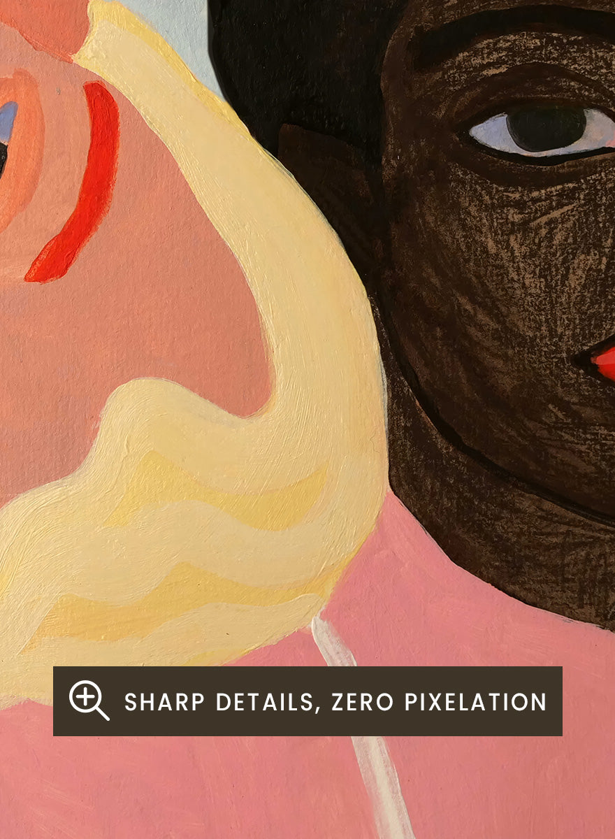Shop Three Friends by Sophia Novosel, a modern women portrait wall art print poster featuring three women, bold red lips, vivid eyes, and expressive color.