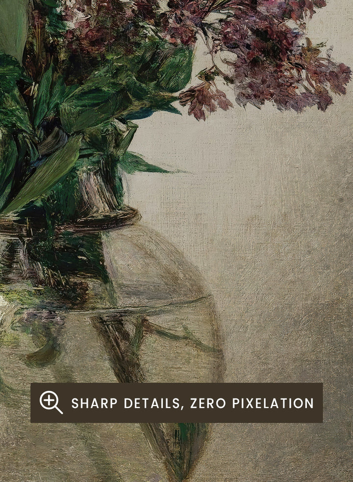 Shop Lilas by Henri Fantin-Latour, a vintage floral wall art print poster featuring a bouquet of purple lilacs in a clear glass vase with green tones.