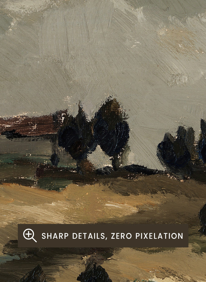 Shop Autumn Landscape with Clouds by Ilmari Aalto, a vintage Finnish landscape wall art print poster depicting rolling fields beneath a dramatic gray sky.