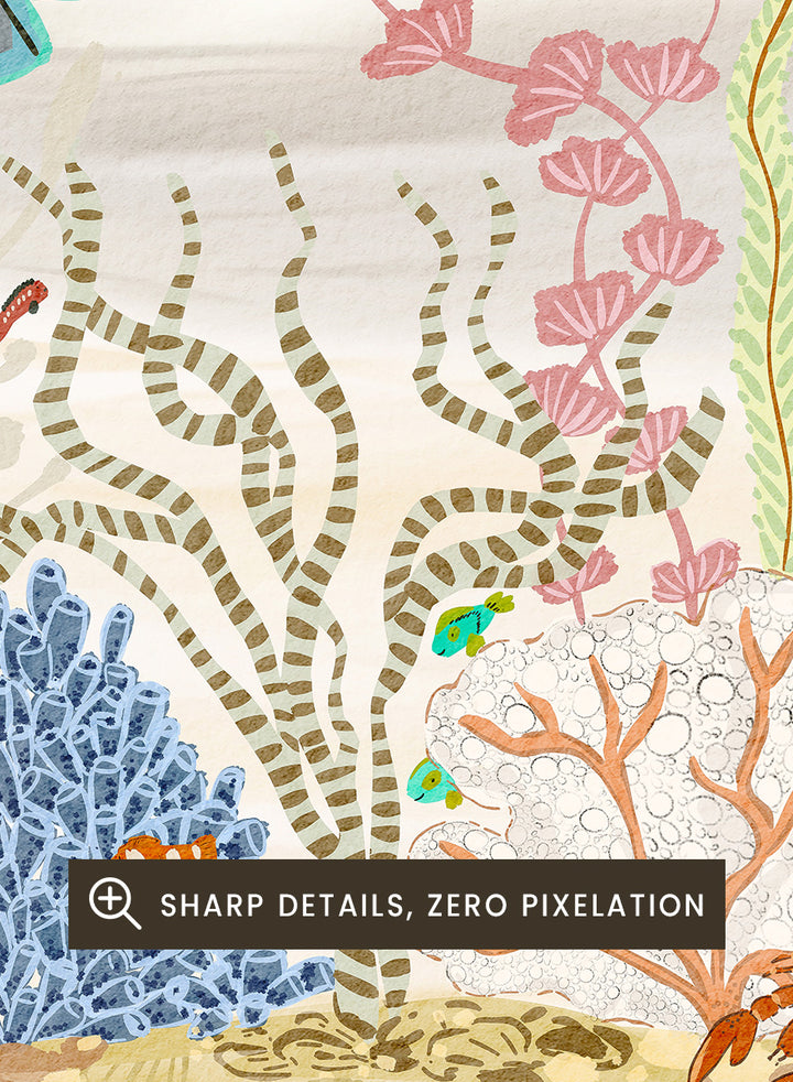 A framed art print depicting a colorful underwater scene with fish, coral, sea plants, a turtle, and a clam shell on a sandy ocean floor, shown against a light neutral background. Shop Vibrant Underwater World by Nikita Jariwala, an ocean wall art print poster with sea turtles, tropical fish, coral reef art, jellyfish, and blue tones.