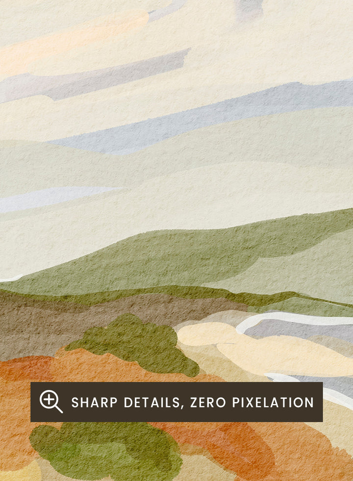 Shop Echos of Dream by Nikita Jariwala, a coastal landscape wall art print poster with abstract shoreline, soft clouds, sage hills, and warm ochre tones.