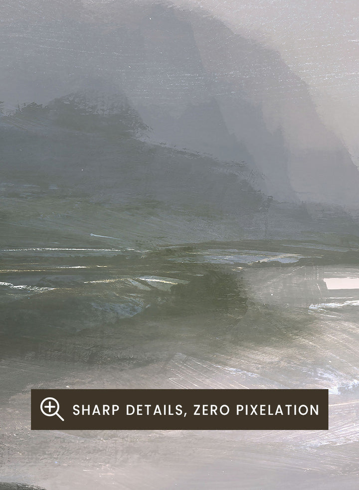 A framed landscape art print depicting a misty river scene with dark green hills, a reflective river, and a pale gray sky. Shop Tranquillitas by Dan Hobday, a contemporary landscape wall art print featuring reflective water, distant hills, dark green trees, and soft gray tones.