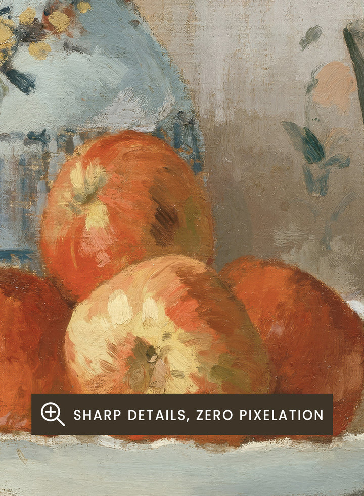 Shop Still Life with Apples and Pitcher by Camille Pissarro, a vintage still life wall art print poster featuring red apples and a ceramic pitcher in warm brown tones.