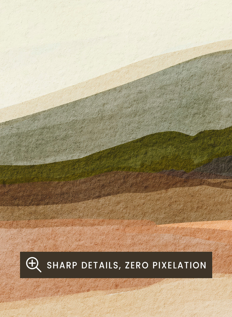 Shop Saguaro Desert Hills by Nikita Jariwala, a desert wall art print poster with saguaro cacti, layered hills, and warm sand, peach, olive, and cream tones.