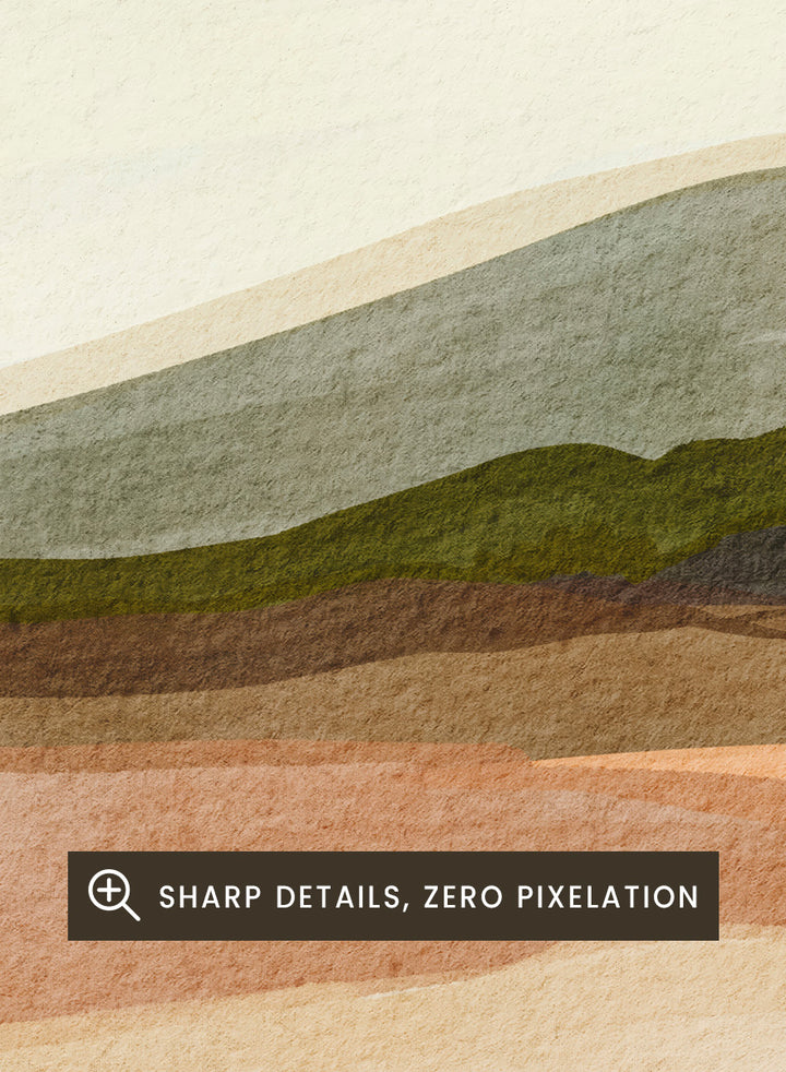 Shop Saguaro Desert Hills by Nikita Jariwala, a desert wall art print poster with saguaro cacti, layered hills, and warm sand, peach, olive, and cream tones.