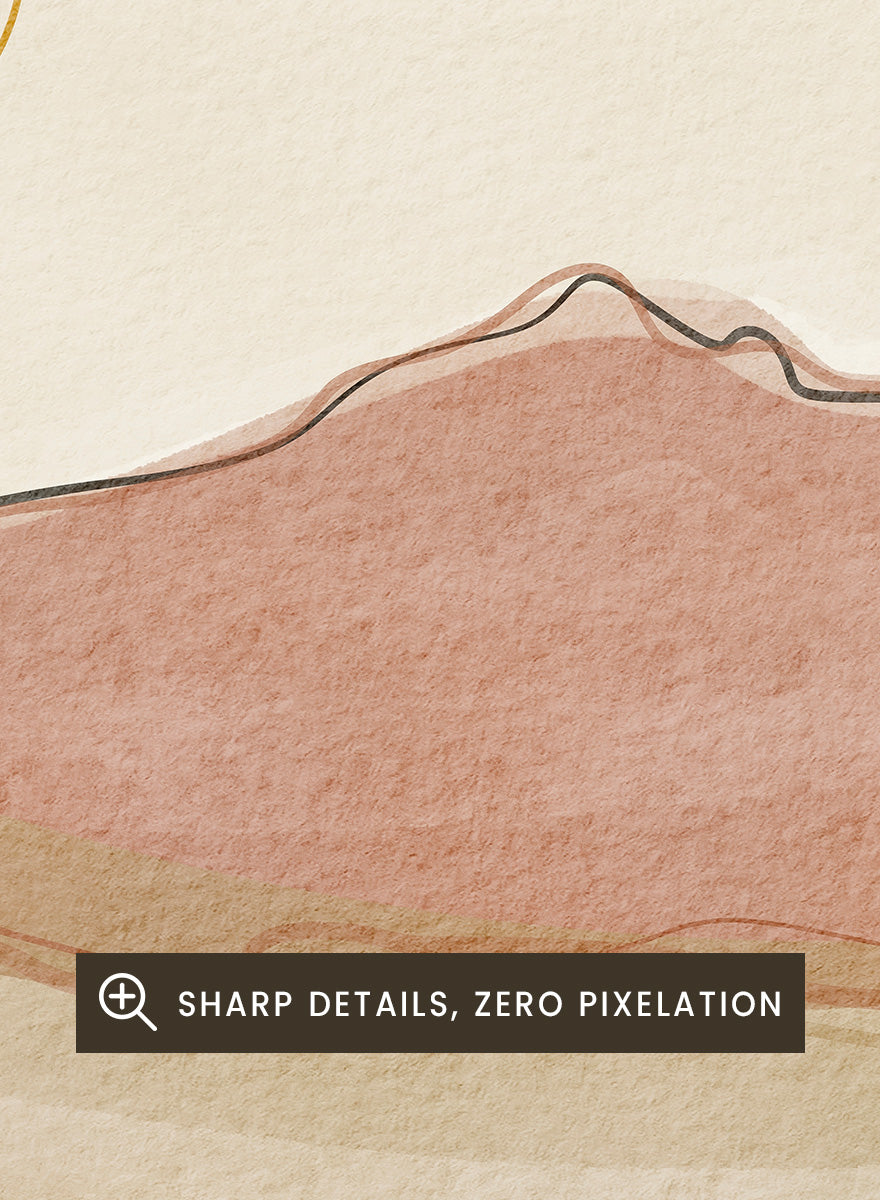 Shop Boho Desert Landscape by Nikita Jariwala, a modern desert wall art print with abstract hills, a simple sun, and warm terracotta, cream, beige, and mauve tones.