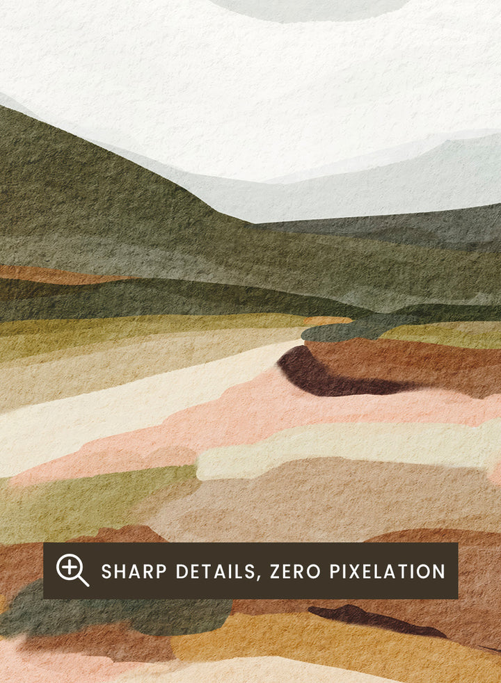 Shop Muted Mountain Landscape by Nikita Jariwala, a modern mountain wall art print poster with abstract hills, olive green, brown, cream, blush, and charcoal tones.