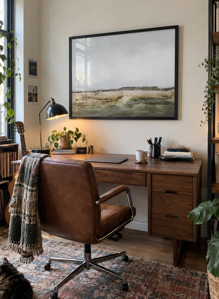 Shop Cliffs by Dan Hobday, a contemporary coastal landscape art print featuring rugged cliffs, soft sky, earthy green tones, and layered textured brushwork.
