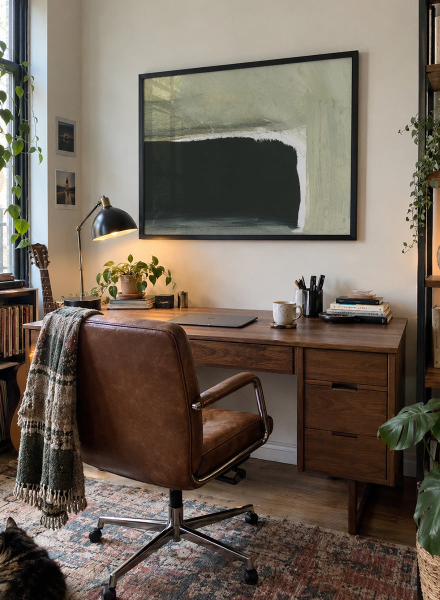Shop Room by Dan Hobday, a contemporary abstract art print featuring charcoal black, sage green, cream, and muted olive with layered brush texture.