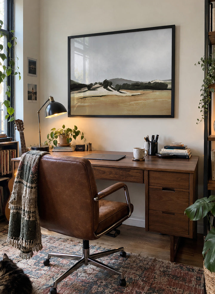 Shop Lazy Afternoon by Dan Hobday, a warm landscape art print featuring golden fields, dark trees, rolling hills, and soft late-summer tones.