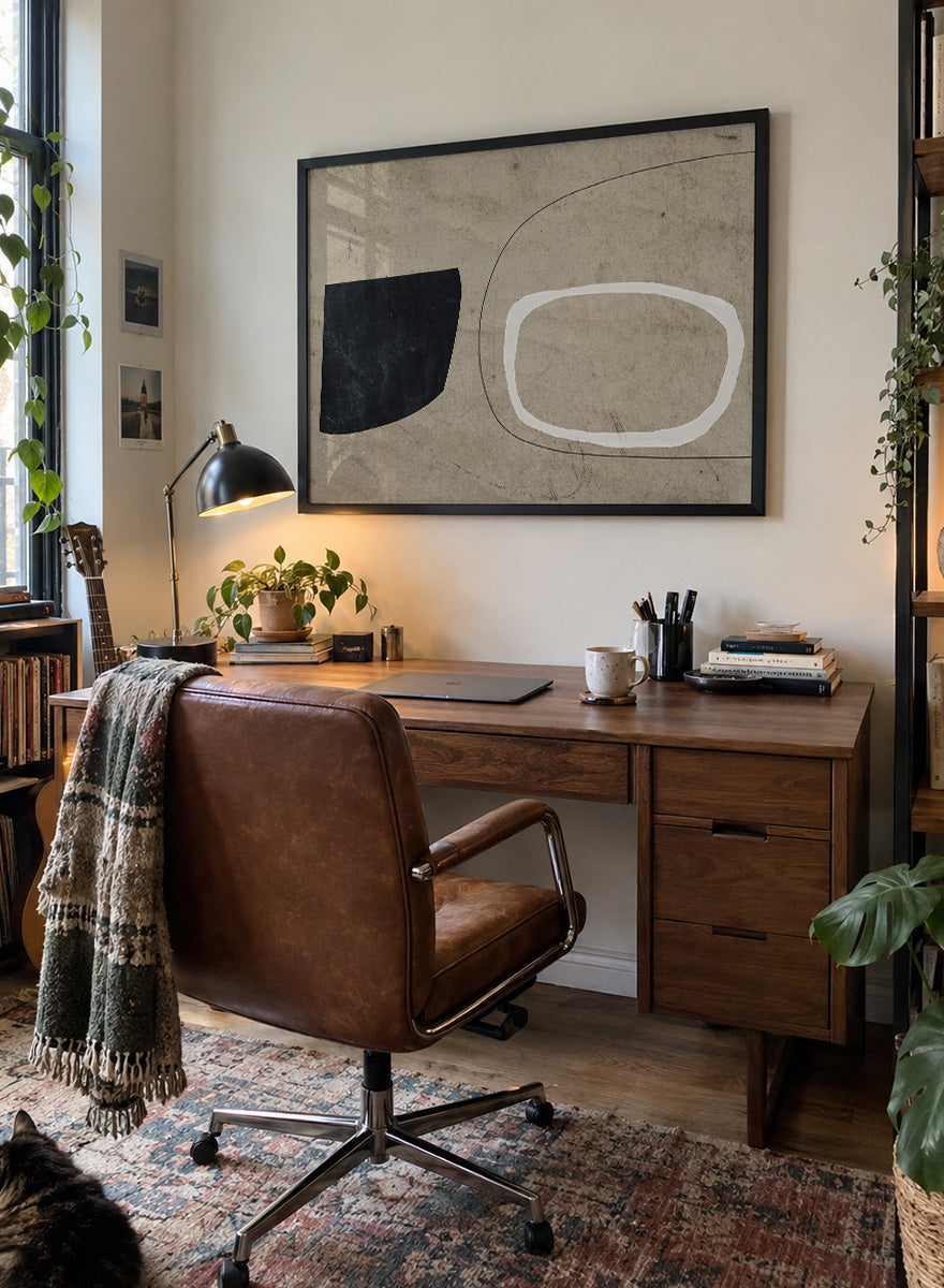 Shop Comfort by Dan Hobday, a contemporary abstract art print featuring bold black and white forms, curved linework, warm beige tones, and textured detail.