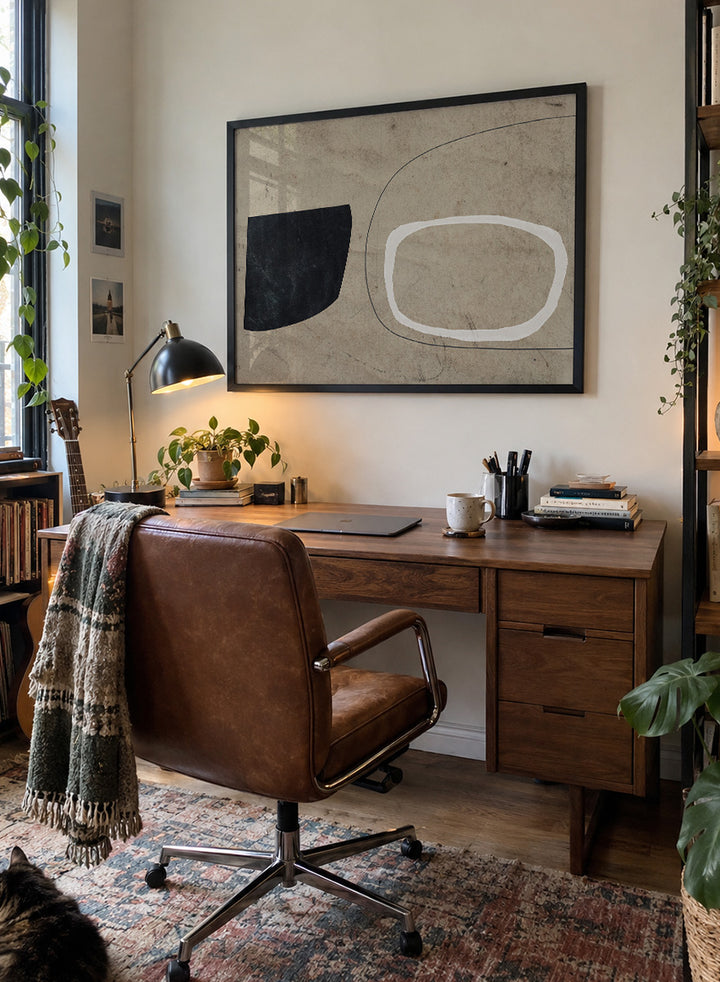 Shop Comfort by Dan Hobday, a contemporary abstract art print featuring bold black and white forms, curved linework, warm beige tones, and textured detail.