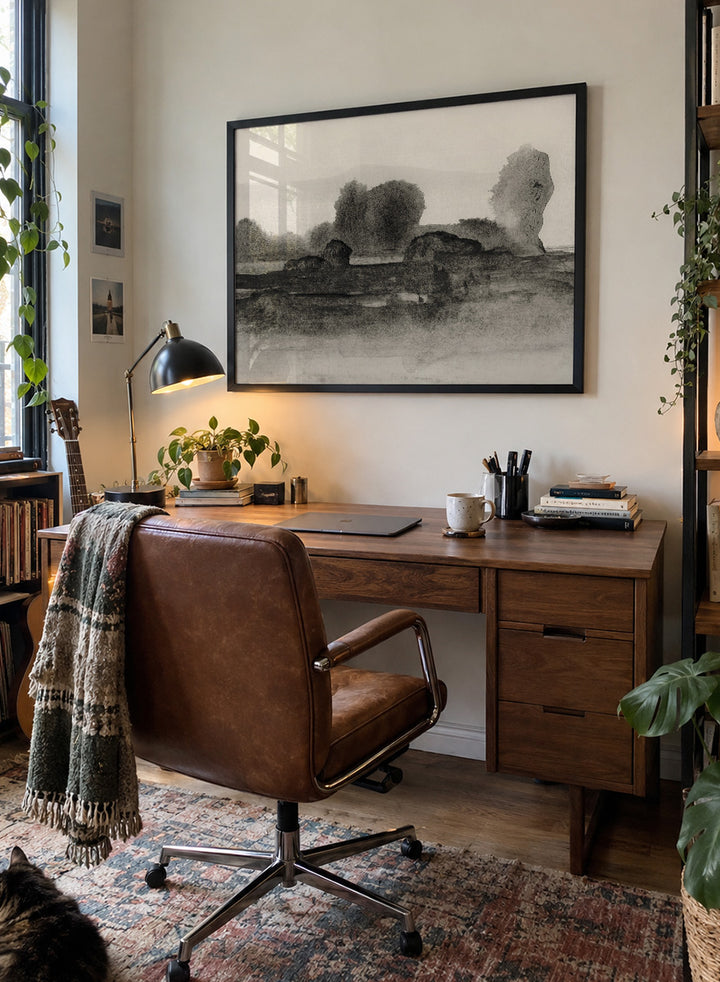 Shop Land No. 02 by Dan Hobday, a moody landscape art print featuring dark trees, layered fields, muted neutral tones, and soft atmospheric texture.