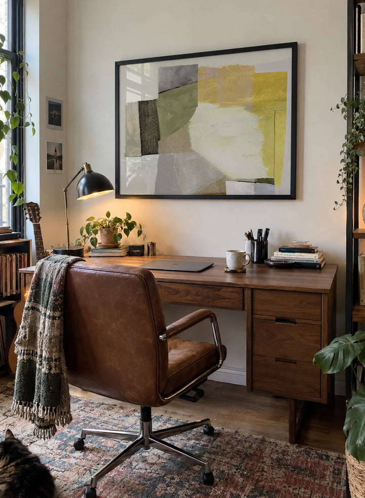 Shop Days by Dan Hobday, a contemporary abstract art print featuring mustard yellow, olive, taupe, black, and layered geometric forms with textured brushwork.