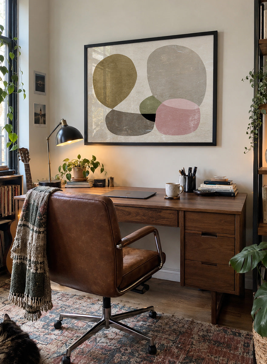 Shop Seven by Dan Hobday, a contemporary abstract art print featuring rounded geometric forms, muted olive, taupe, pink, and layered neutral texture.