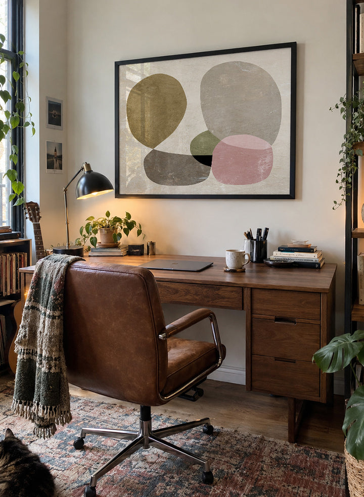 Shop Seven by Dan Hobday, a contemporary abstract art print featuring rounded geometric forms, muted olive, taupe, pink, and layered neutral texture.
