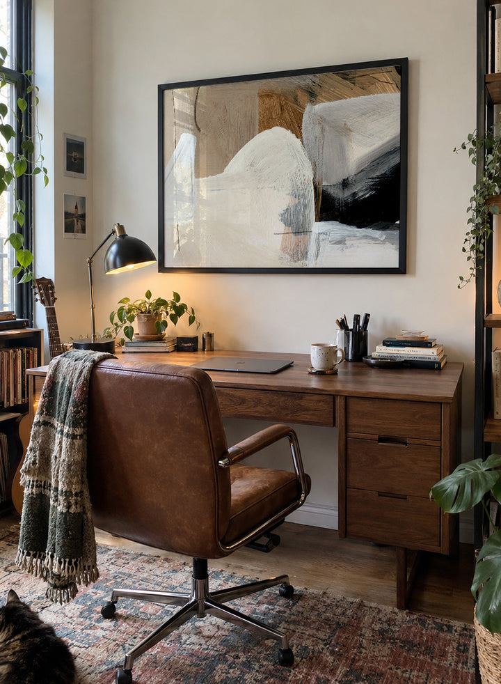 Shop Style Abstract by Dan Hobday, a contemporary abstract art print featuring layered geometric forms, warm neutral tones, black accents, and textured brushwork.