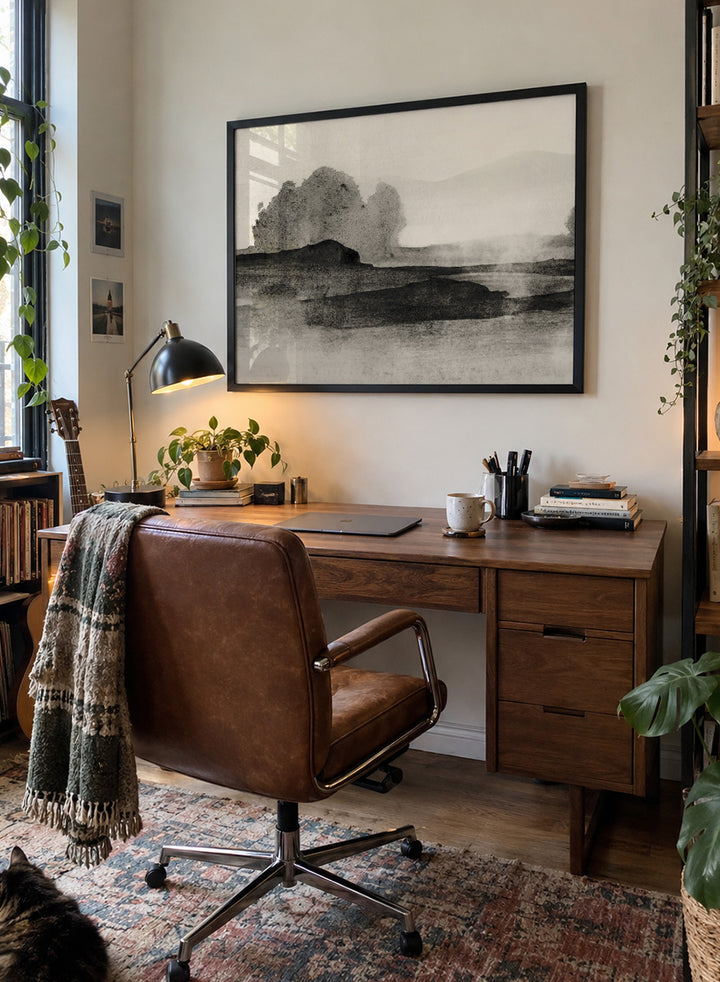 Shop Land No. 01 by Dan Hobday, a muted landscape art print featuring dark landforms, soft trees, distant hills, and layered neutral texture.
