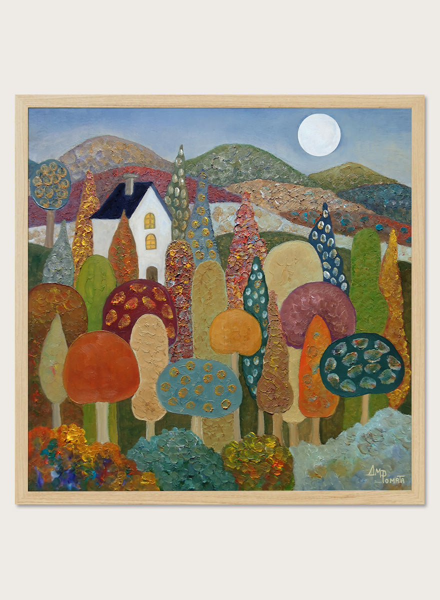 A framed folk-art style landscape painting featuring stylized mushrooms, trees, hills, a small house, and a full moon. Shop Whimsical Moonlit Landscape by Angeles M. Pomata, a colorful autumn landscape art print featuring a white house, full moon, rolling hills, and stylized trees.