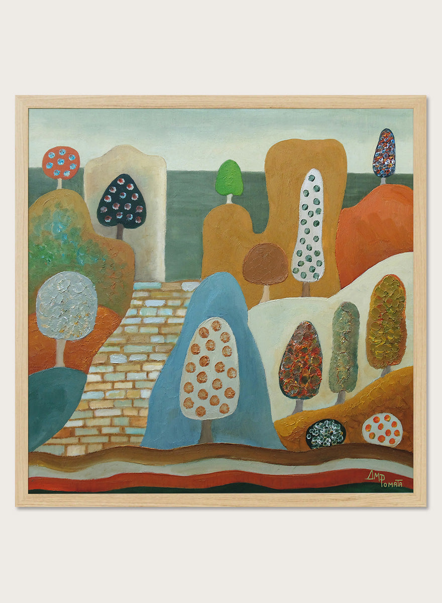 A framed abstract landscape painting featuring stylized trees, hills, and geometric forms in earthy tones of orange, blue, beige, green, and brown. Shop Whimsical Tree Landscape by Angeles M. Pomata, a colorful landscape art print featuring patterned trees, rounded hills, and a winding stone path.