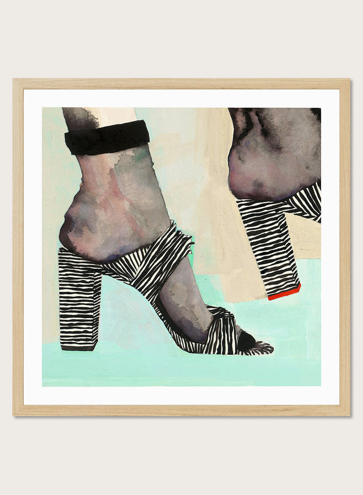 Shop Chic Zebra Heels by Sophia Novosel, a modern fashion wall art print poster featuring zebra-striped heels, bold black-and-white pattern, and a stylish cropped view.