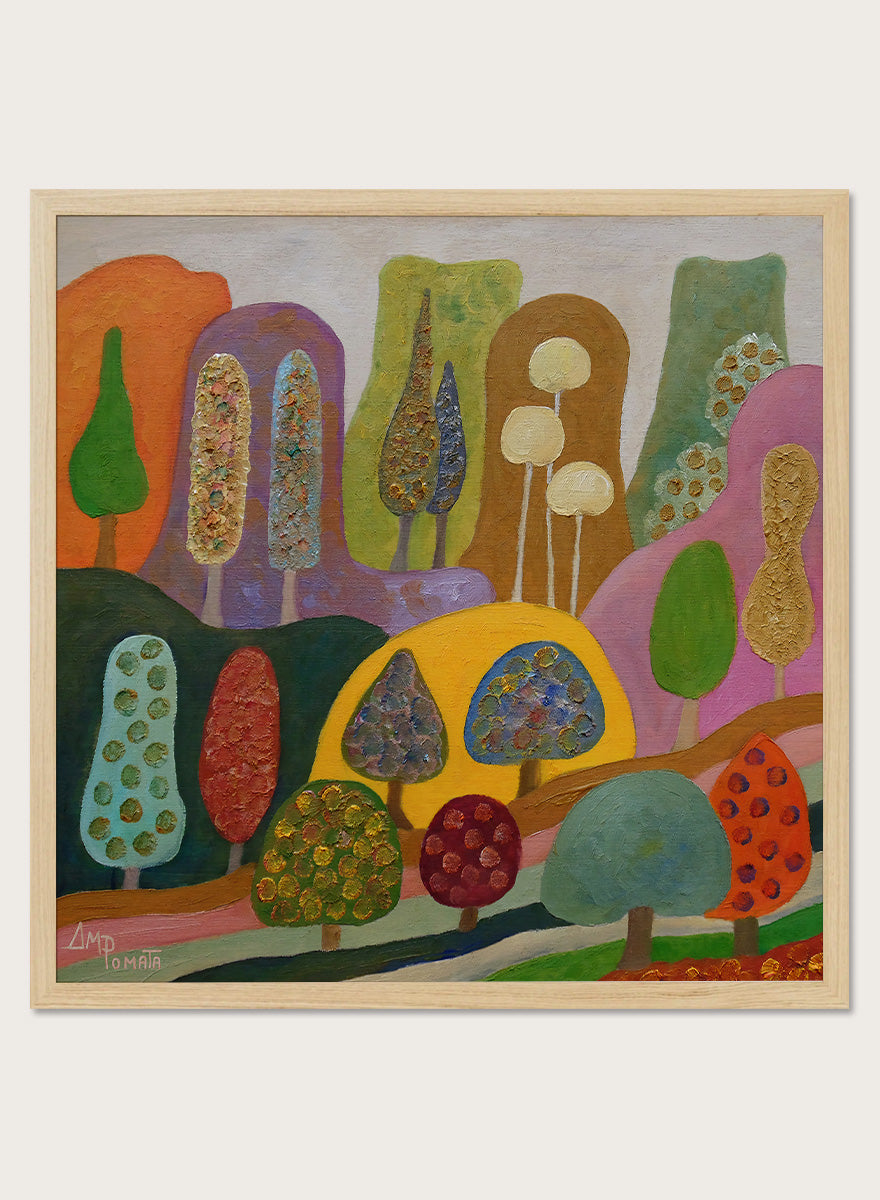 A framed abstract landscape painting featuring stylized trees and hills in a colorful, textured expressionist style. Shop Whimsical Colorful Trees by Angeles M. Pomata, a playful landscape art print featuring stylized trees, rolling hills, rich texture, and bold color.