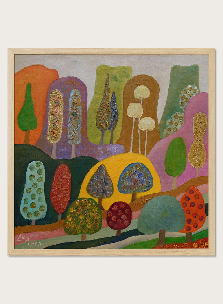 A framed abstract landscape painting featuring stylized trees and hills in a colorful, textured expressionist style. Shop Whimsical Colorful Trees by Angeles M. Pomata, a playful landscape art print featuring stylized trees, rolling hills, rich texture, and bold color.