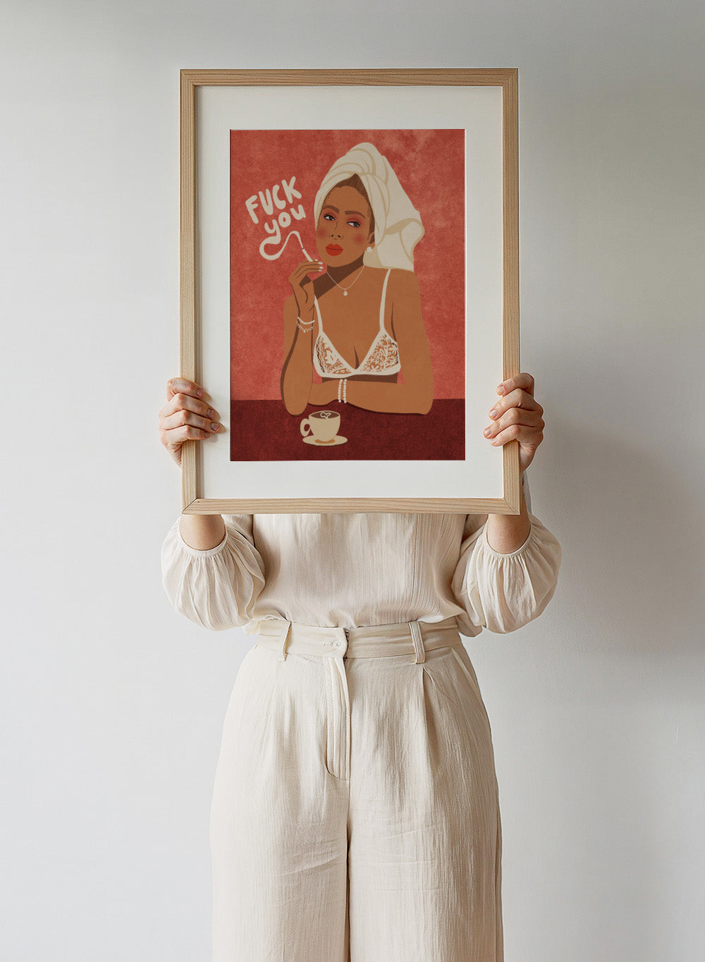 Illustration of a woman in lingerie with text and a cup of coffee on a red background. Fuck You by Raissa Oltmanns is a modern woman portrait art print with bold text, lingerie illustration, cigarette vibe, and statement wall poster style.