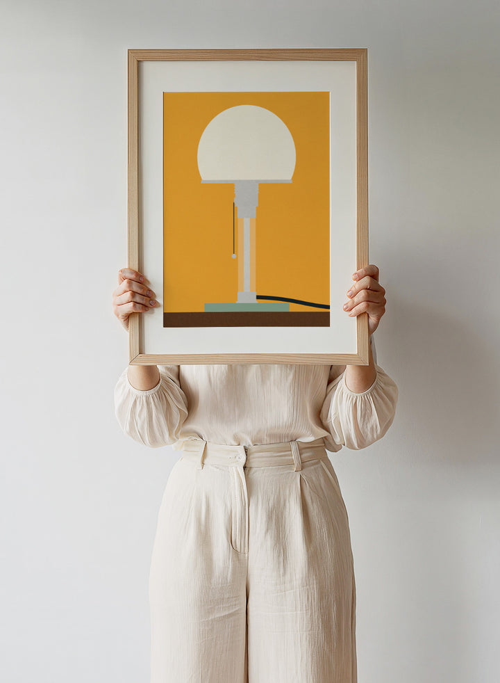 Illustration of a lamp on an orange background. Wagenfeld WG24 Table Lamp by Rosi Feist is a modern minimalist fine art print inspired by Bauhaus design. Officially licensed wall poster with optional artisan framing.