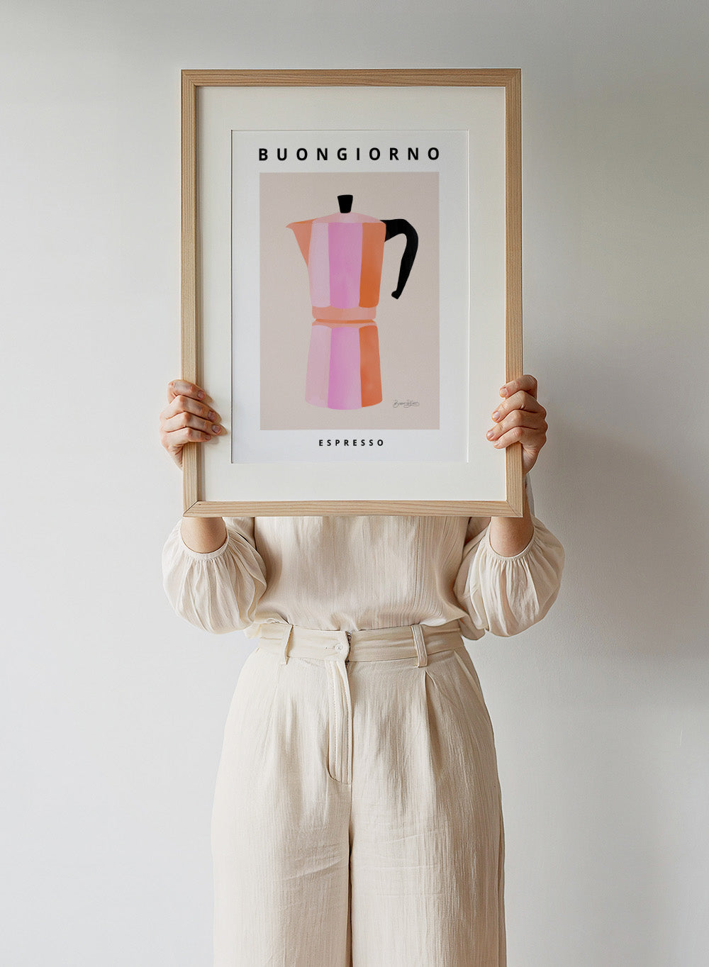 Colorful pink striped coffee maker with 'Buongiorno Espresso' text on a beige background. Buongiorno Espresso by Baroo Bloom is a modern coffee art print featuring a colorful moka pot illustration. Officially licensed wall poster with optional framing.