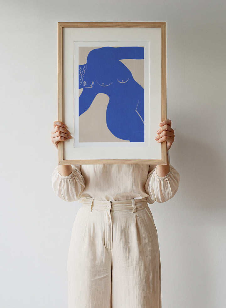 Bold Blue Silhouette art print by Little Dean. Contemporary abstract wall art featuring expressive blue shapes, minimalist portrait design, and modern illustration style.