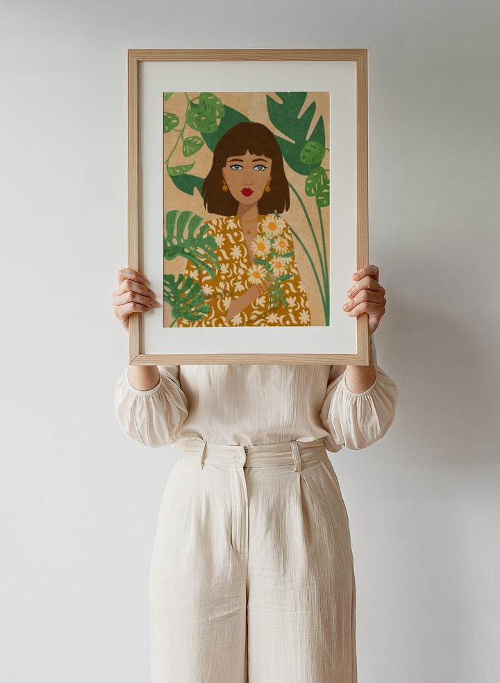 Illustration of a woman holding flowers with green leaves in the background. Plant Lady by Raissa Oltmanns fine art print featuring modern botanical woman portrait with daisies and green leaves, contemporary wall art poster.