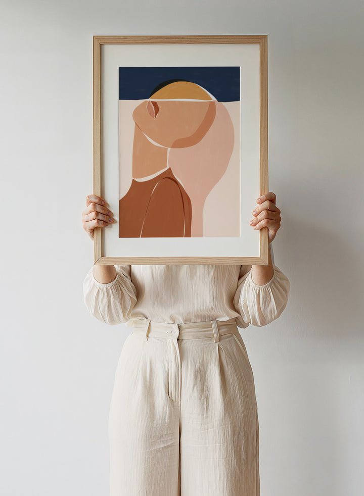 Half Face Half Sun by Ivy Green is a modern figurative art print featuring a minimal female portrait and sun motif. Premium fine art print with optional wood framing.