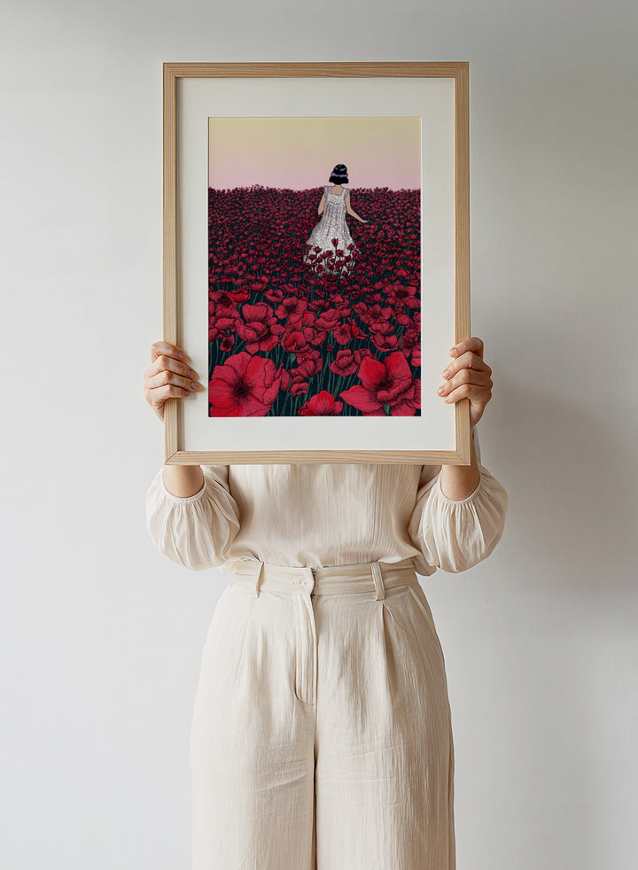 Woman in a white dress standing in a field of red flowers with a gradient sky. Field of Poppies by E.C. Mazur is an officially licensed art print featuring a woman standing in a red poppy field. Illustrated landscape wall poster.