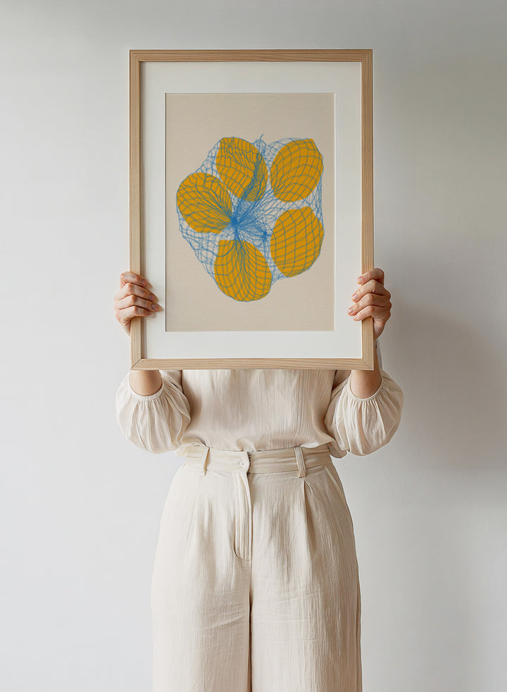 Geometric design with orange shapes and blue lines on a beige background. Five Lemons In a Net Bag by Rosi Feist is a modern minimalist fruit art print with Bauhaus design, officially licensed fine art poster.